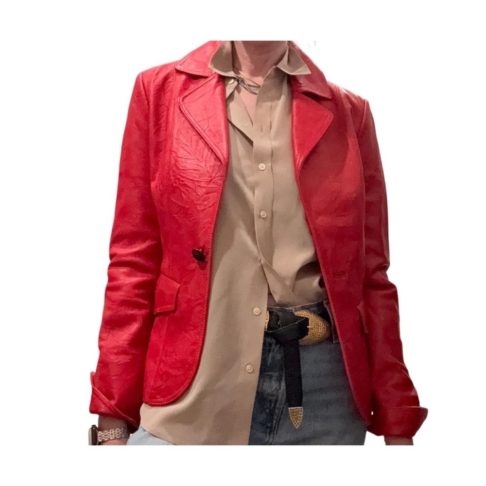 Mark Alan Red Genuine Leather Blazer Jacket Womens Size S Vintage 90s Tailored